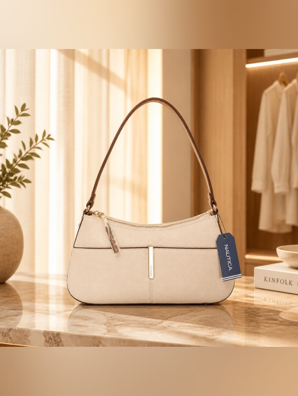 Nautica Cream Shoulder Bag Brown Strap